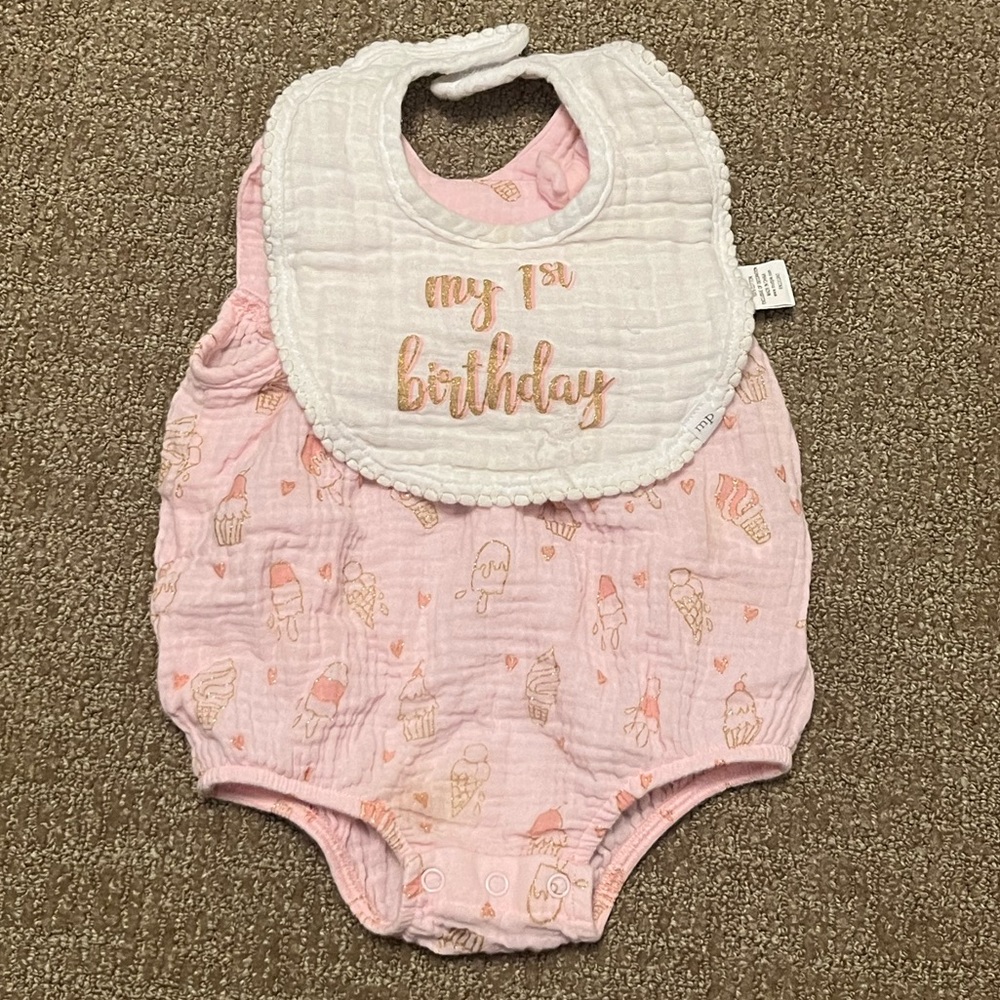 Mud Pie First Birthday Ice Cream Bubble Romper w/ Bib for Baby Girl